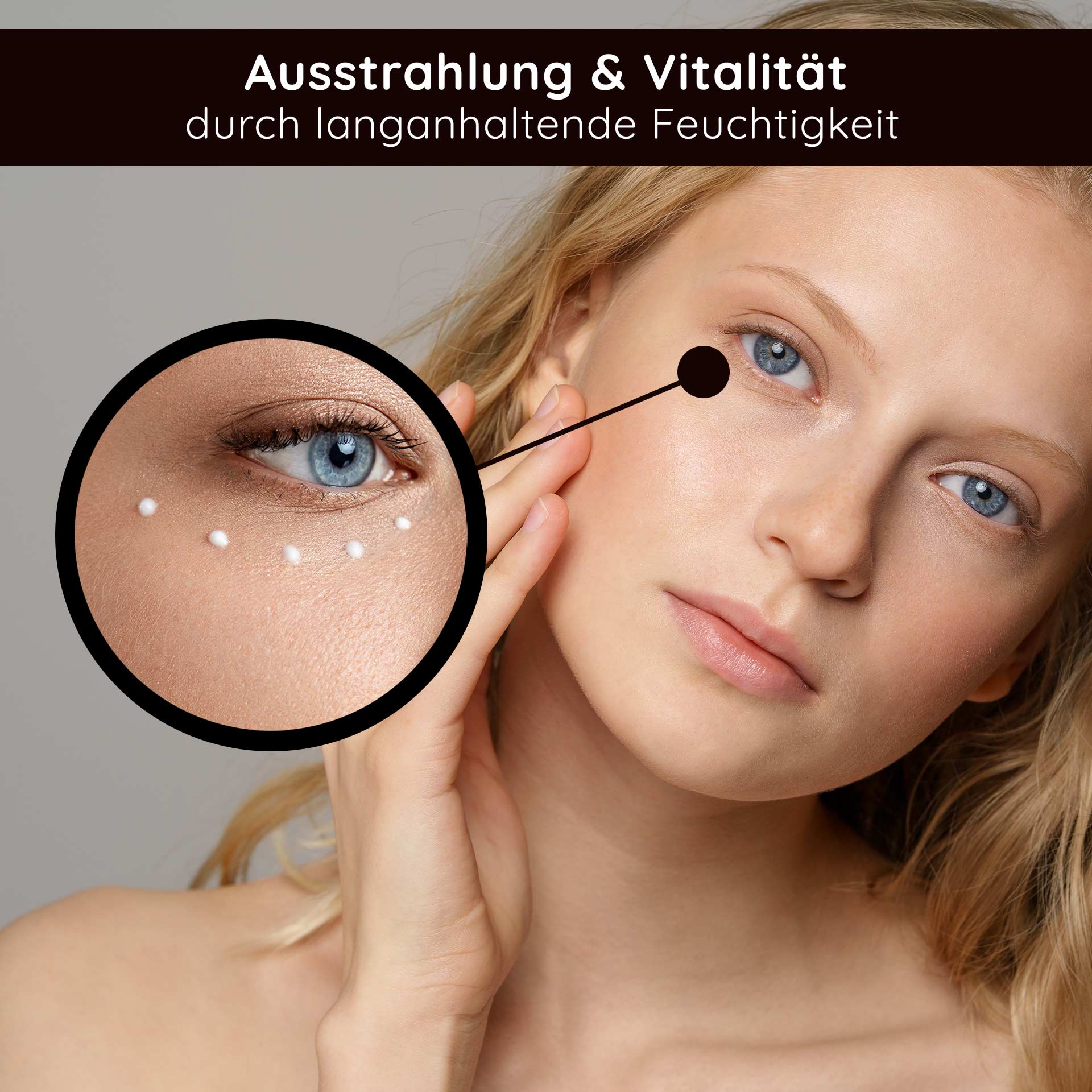 Crema occhi al miele 15 ml Crema occhi ricca Reichhaltige Augencreme von RAU Cosmetics auf der Haut, betont durch Feuchtigkeitsperlen, für Ausstrahlung und Vitalität, geeignet für trockene und reife Haut.