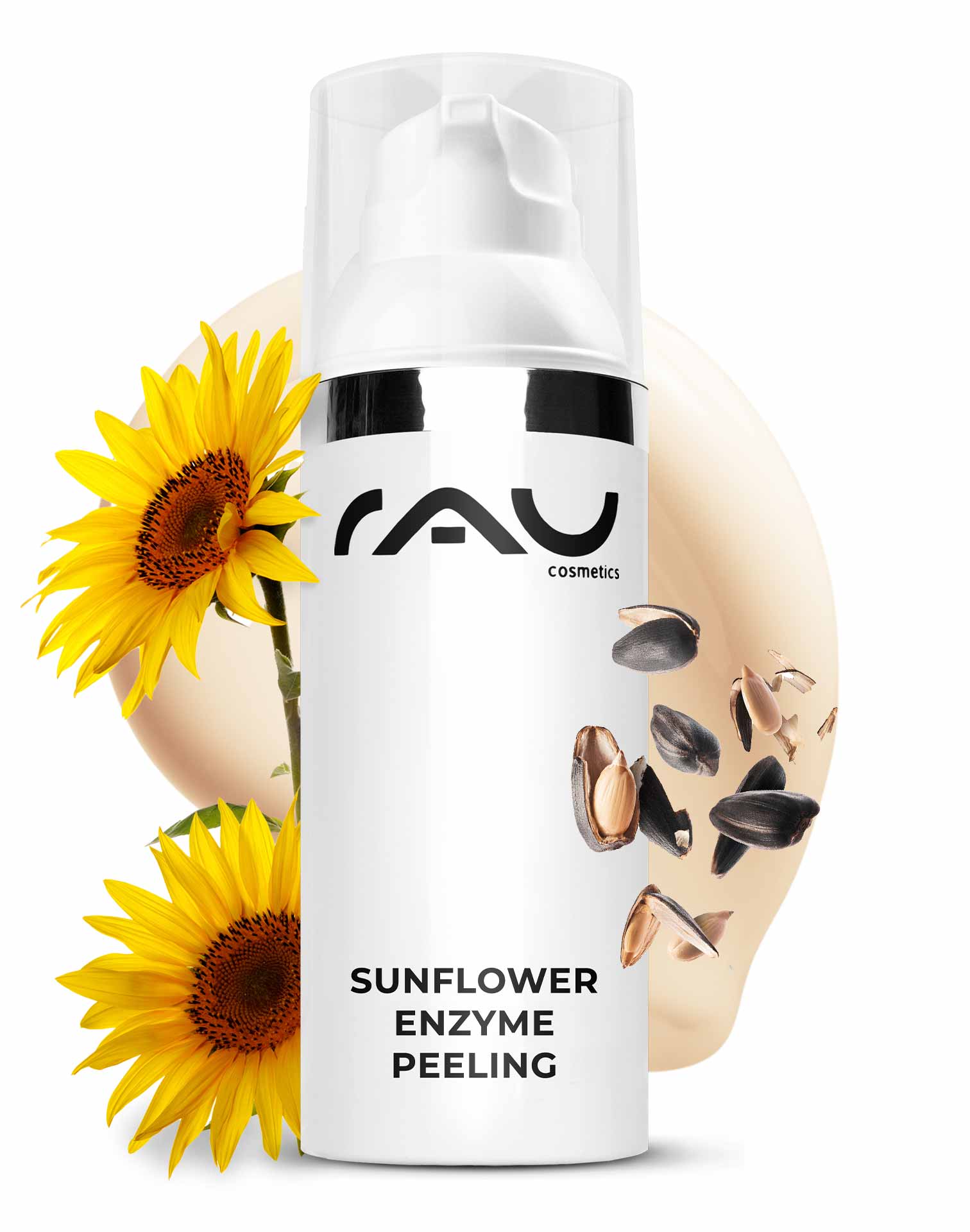 Peeling enzimatico al girasole 50 ml Peeling enzimatico chimico Verpackung des Sonnenblumen-Enzym-Peelings mit Sonnenblumenblüten, die den Produktnamen hervorheben und die Vorteile des enzymatischen Peelings für empfindliche Haut hervorheben.