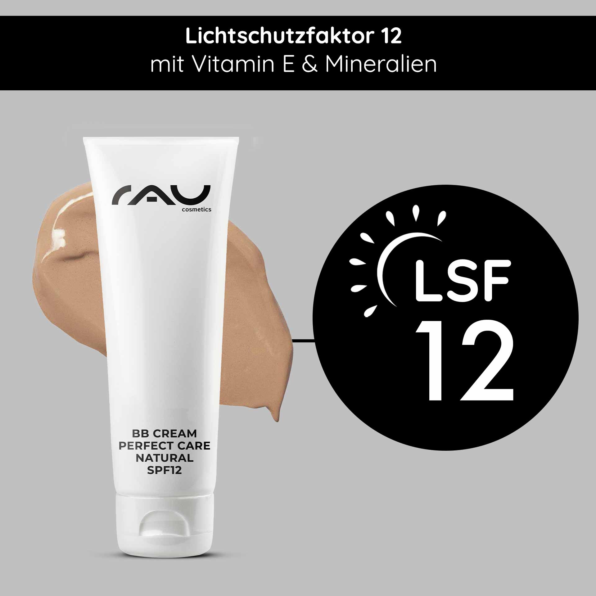 BB Cream Perfect Care Natural 75 ml SPF 12 Make-up & Care RAU Cosmetics BB Cream Perfect Care Natürliche Verpackung mit LSF 12, mit einem Crememuster, das die Vorteile für Hautpflege und Make-up hervorhebt.
