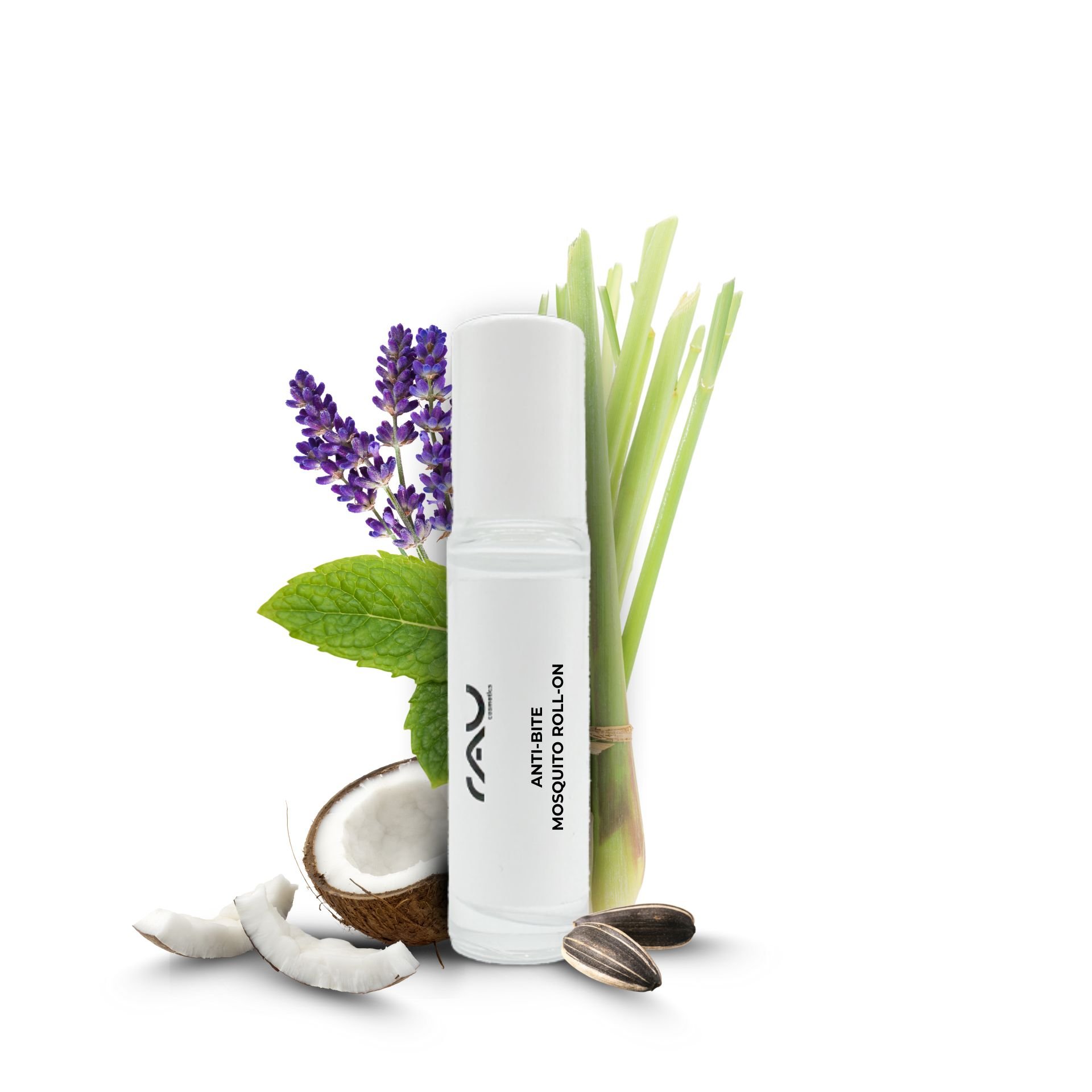 RAU Cosmetics Anti Bite Mosquito Roll-On 10 ml con ingredienti naturali come citronella, lavanda e menta, circondato da cocco e semi di girasole, per alleviare le punture di insetti e curare la pelle.