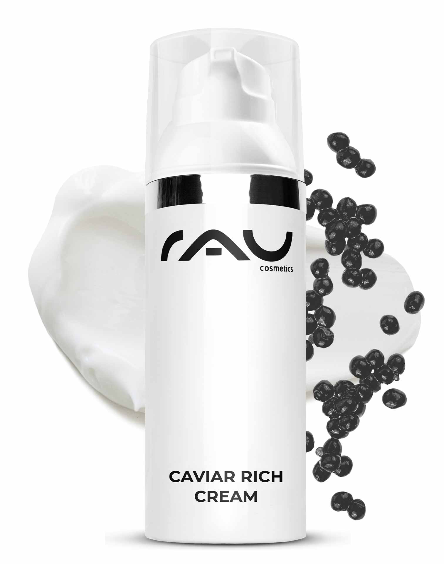Caviar Rich Cream 50 ml Crema ricca anti-età Verpackung der RAU Cosmetics Caviar Rich Cream mit Kaviarperlen und Cremetextur, die Anti-Aging-Eigenschaften für trockene und reife Haut hervorhebt.