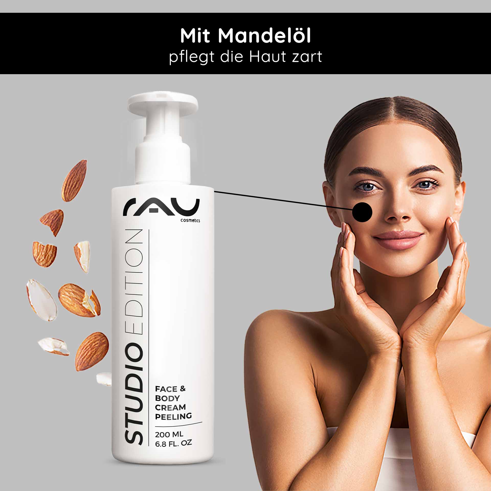 Crema peeling viso e corpo 200 ml Peeling meccanico „RAU Cosmetics Studio Edition Face & Body Cream Peeling 200 ml mit Mandelöl – sanftes Gesichts- und Körperpeeling für zarte Haut“