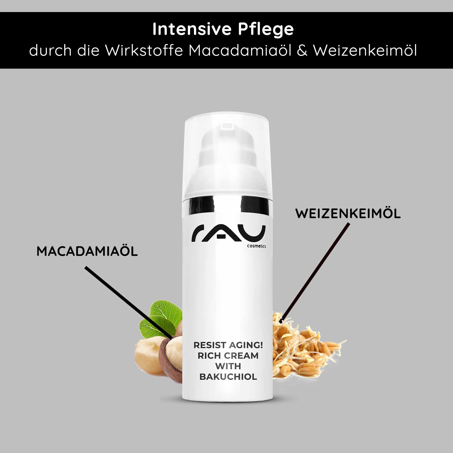 RAU Cosmetics Resist Aging Rich Cream mit Bakuchiol, mit Macadamiaöl und Weizenkeimöl, legt Wert auf intensive Hautpflege für reife Haut.