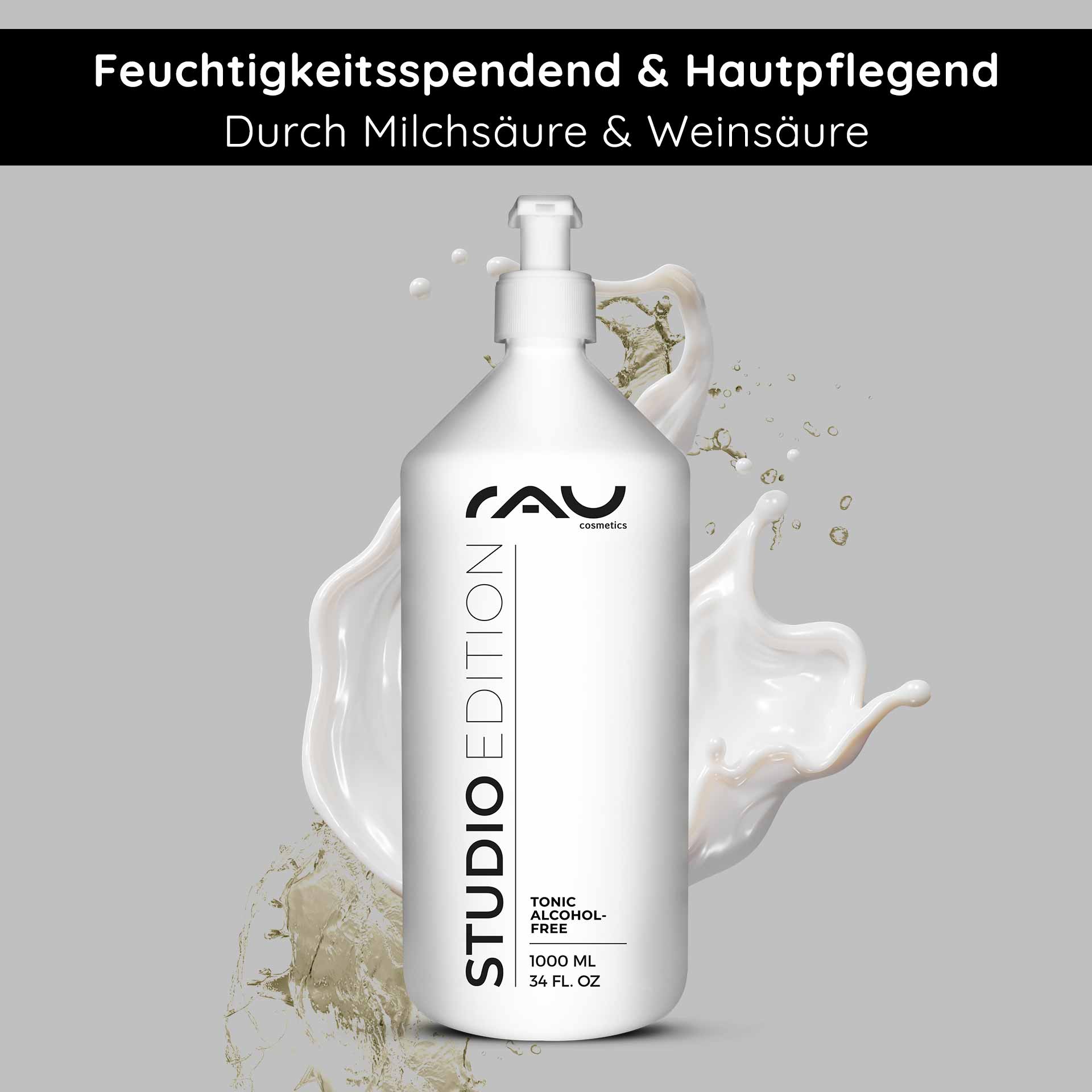 Tonico senza alcool 1000 ml con estratto di ortica Alkoholfreies Tonic-Flasche mit Brennnesselextrakt von RAU Cosmetics, 1000 ml, Aufschrift „STUDIO EDITION“, mit Betonung der feuchtigkeitsspendenden und hautpflegenden Wirkung.