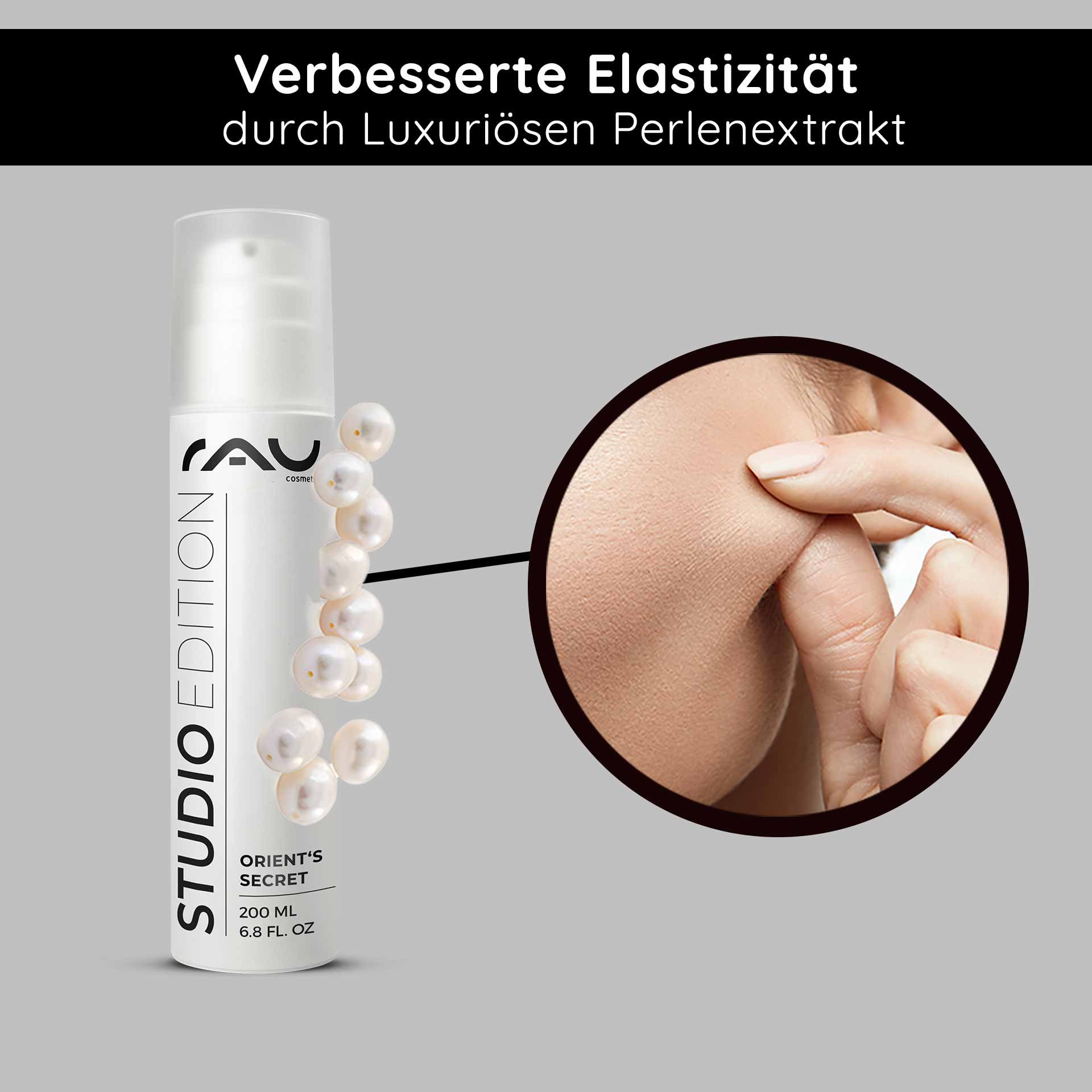 Eine Flasche Gesichtscreme „Orient‘s Secret“ von RAU Cosmetics mit luxuriösem Perlenextrakt, die die verbesserte Hautelastizität hervorhebt, und eine Nahaufnahme einer Hand, die sanft in die glatte Haut kneift.