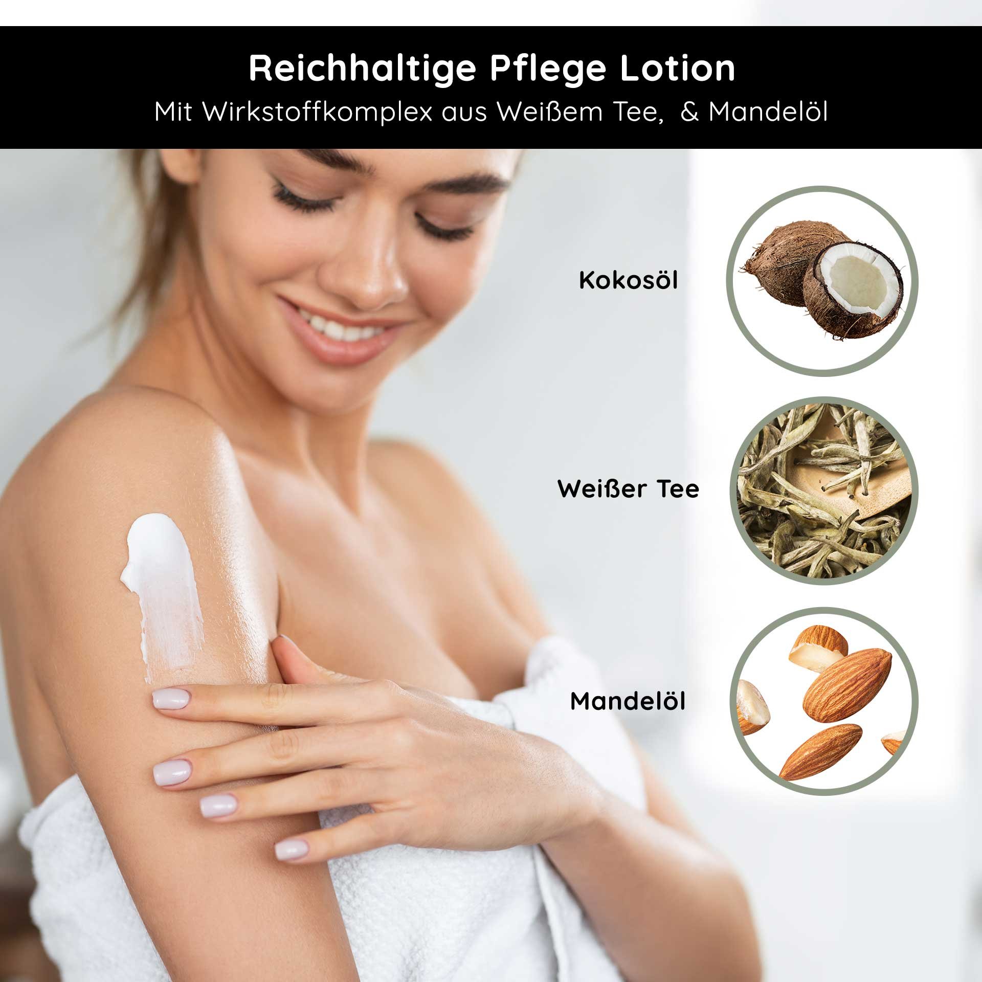 Reichhaltige Bodylotion mit Weißem Tee, Kokosöl und Mandelöl, angewendet auf der Haut einer Frau, die entspannt lächelt.