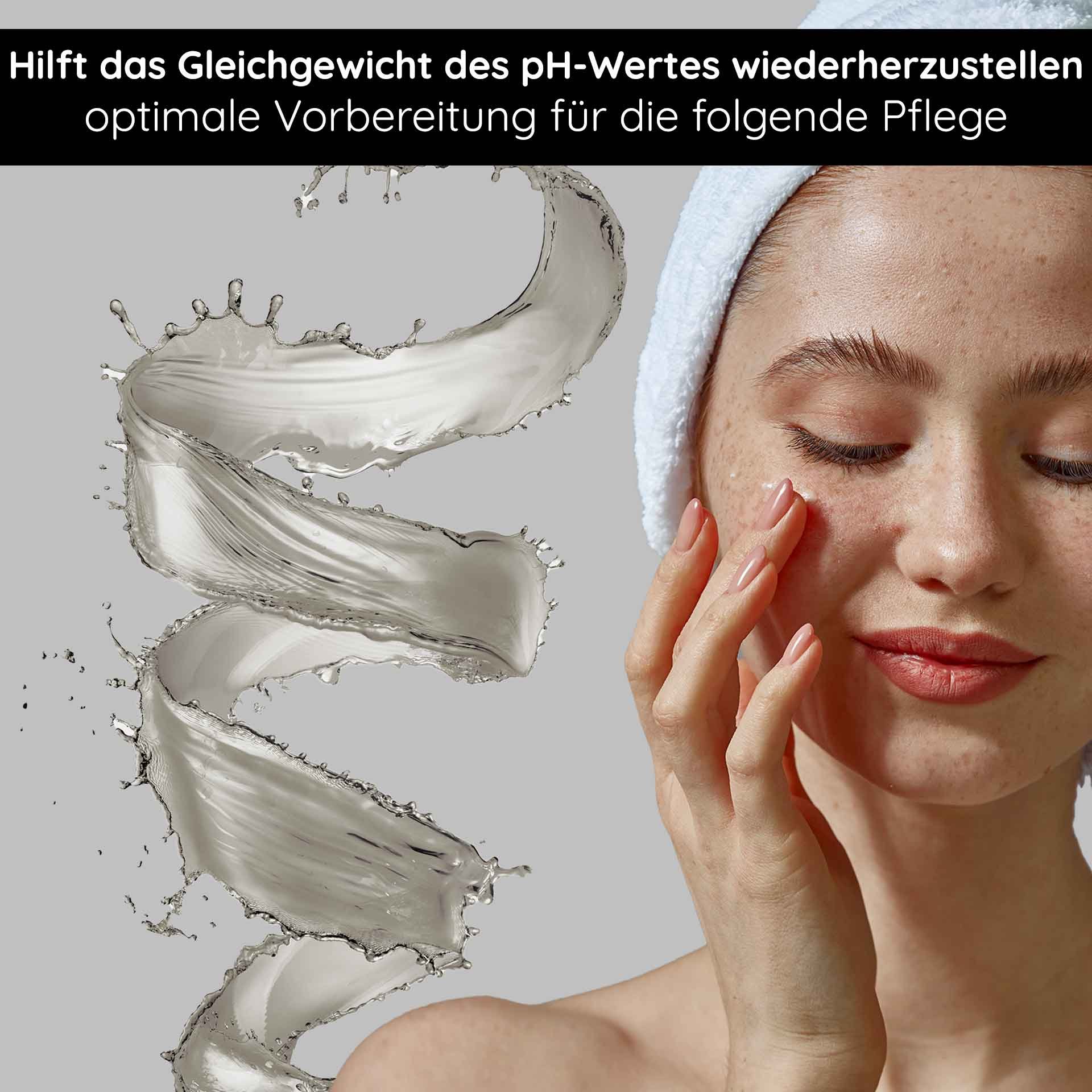 Neutralizzatore AHA con una donna che lo applica sul viso. Mostra il ripristino dell'equilibrio del pH e la preparazione alla cura della pelle, con una texture gel vorticosa e spruzzi d'acqua.