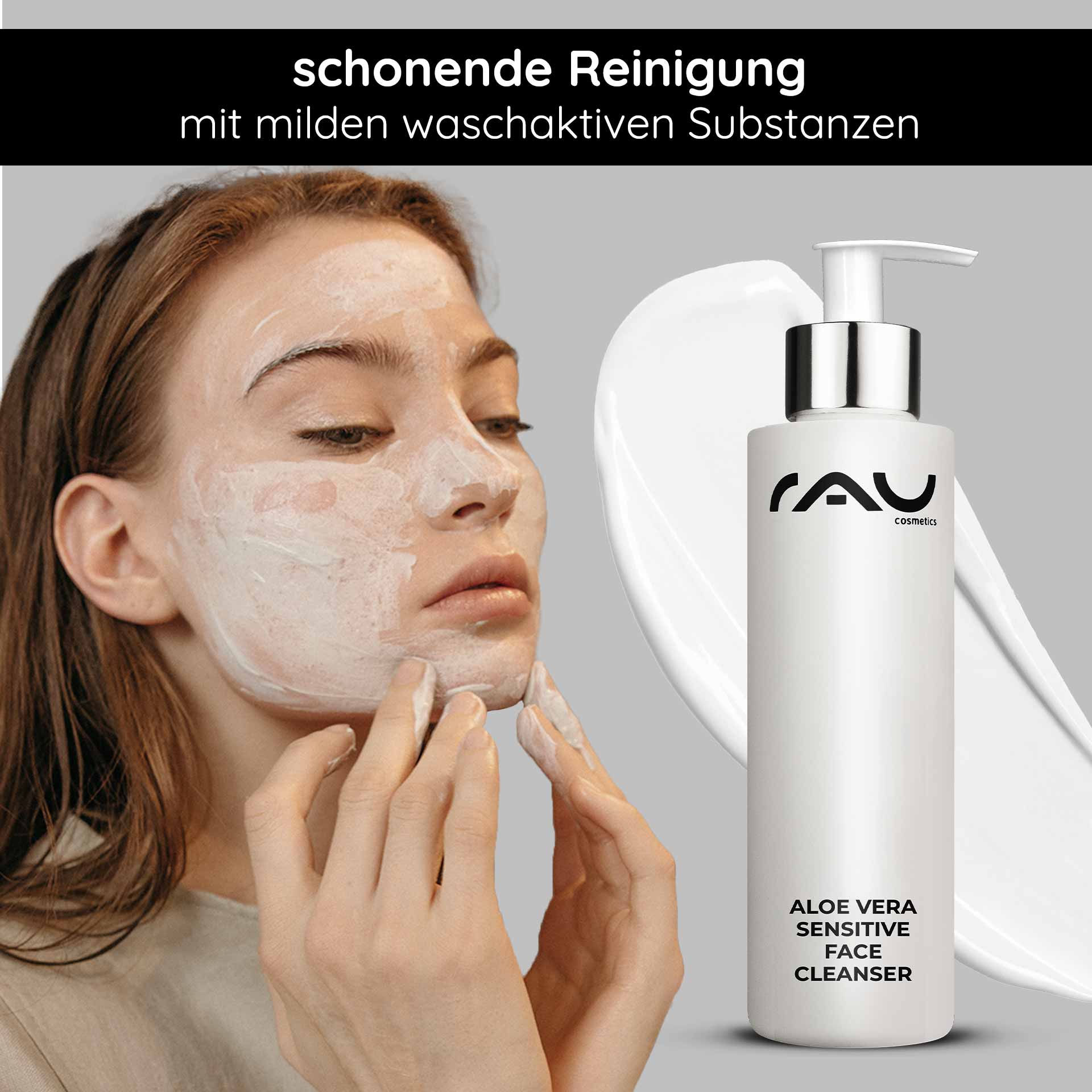 Aloe Vera Detergente viso sensibile 200 ml Detergente Frau mit Gesichtsmaske und Aloe Vera Sensitive Face Cleanser von RAU Cosmetics, sanfte Reinigung für empfindliche Haut, milde waschaktive Substanzen.