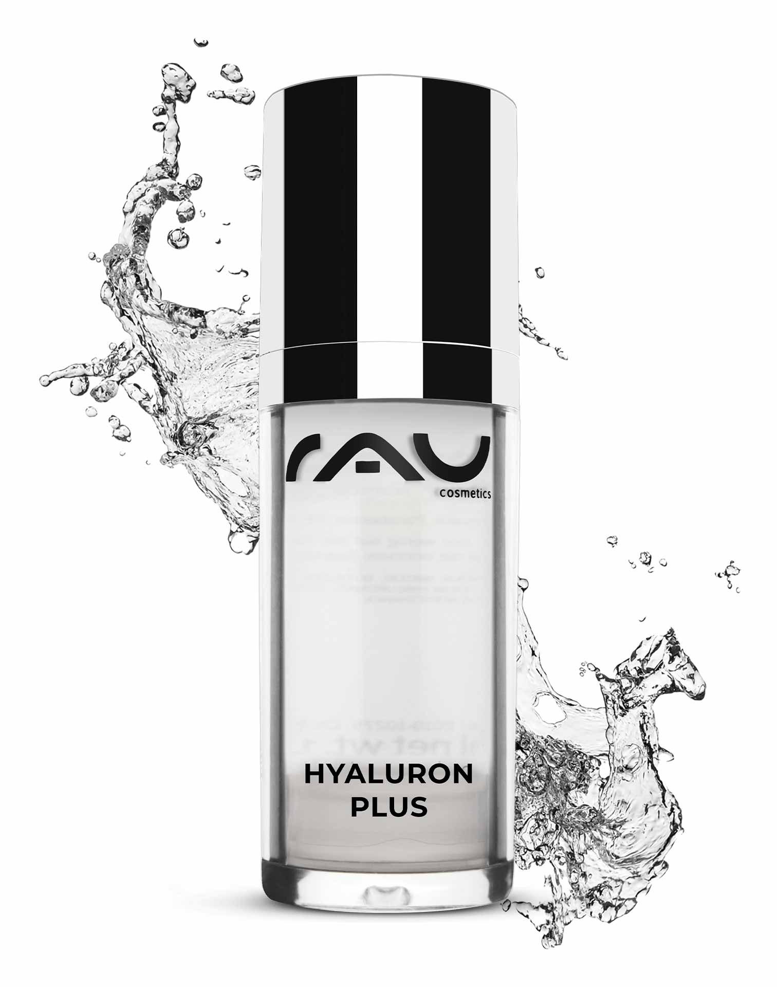 Hyaluron Plus 30 ml Gel Lifting Istantaneo RAU Cosmetics Hyaluron Plus Serumflasche mit Splash-Effekt, die Anti-Aging-Eigenschaften und Eignung für trockene, reife Haut hervorhebt.