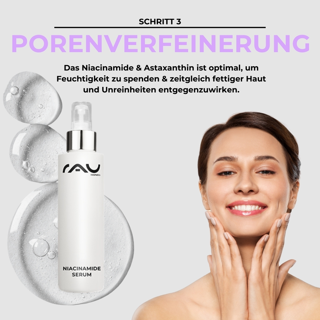 Routine di cura avanzata per la pelle mista Niacinamid-Serum von RAU Cosmetics mit Wassertropfen, Frau trägt Serum auf ihr Gesicht auf, betont die Porenverfeinerung für Mischhaut.