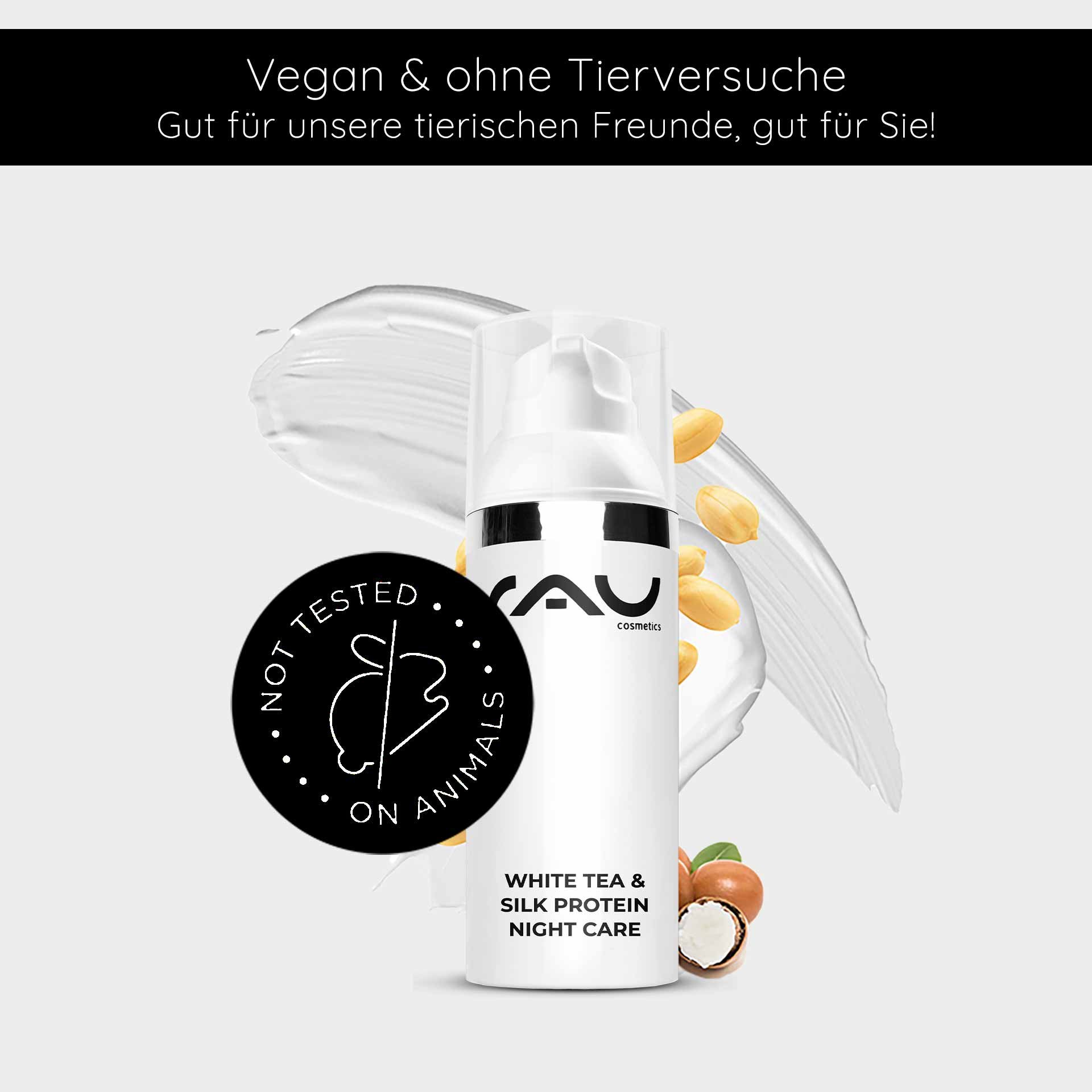 RAU Cosmetics White Tea & Silk Protein Nachtpflegecreme in einer eleganten flacone con dem Logo „Nicht a Tieren getestet“ e einem Hintergrund aus cremiger Consistenza e Nüssen, del la vegane Hautpflege per la Feuchtigkeitsversorgung e Regeneration im 