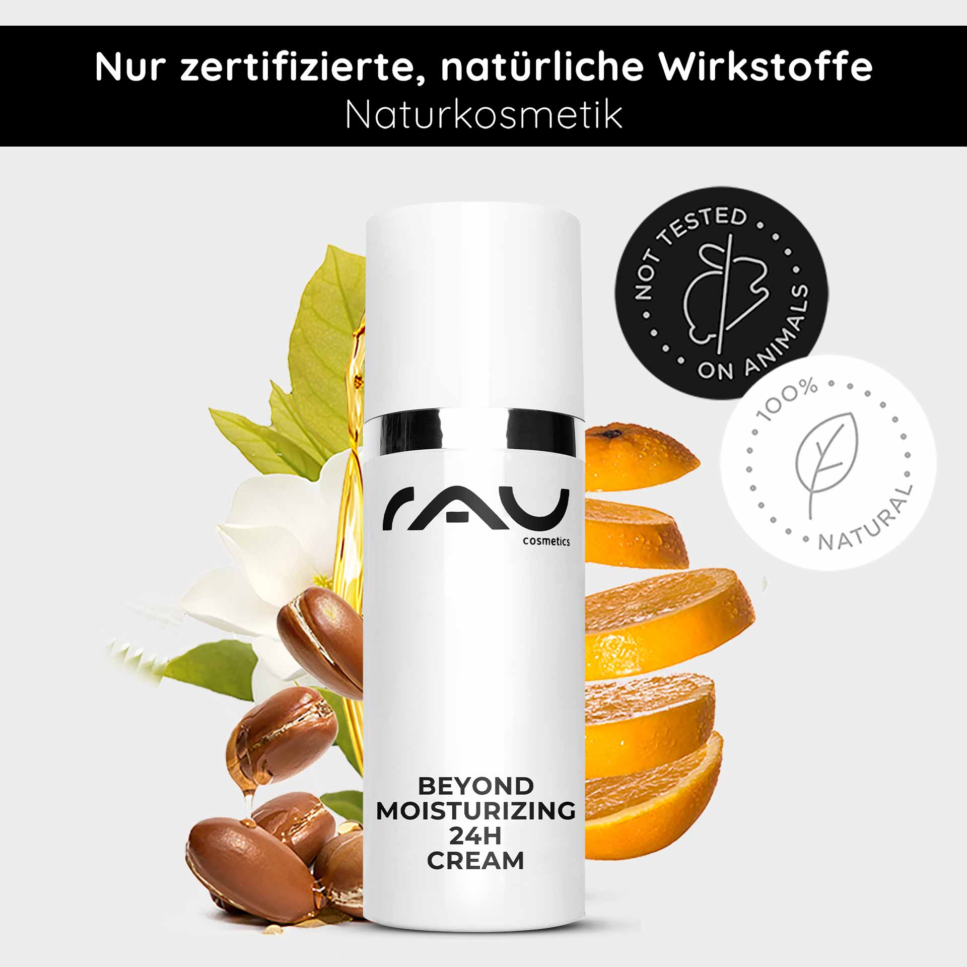 Beyond Crema Idratante 24h 50 ml Crema Cosmetica Naturale Flasche der Beyond Moisturizing 24H Cream von RAU Cosmetics mit natürlichen Inhaltsstoffen wie Arganöl und Zitrusscheiben, mit den Aufschriften „100 % NATÜRLICH“ und „NICHT AN TIEREN GETESTET“, die die Vorteile für die Hautpflege hervorheben.