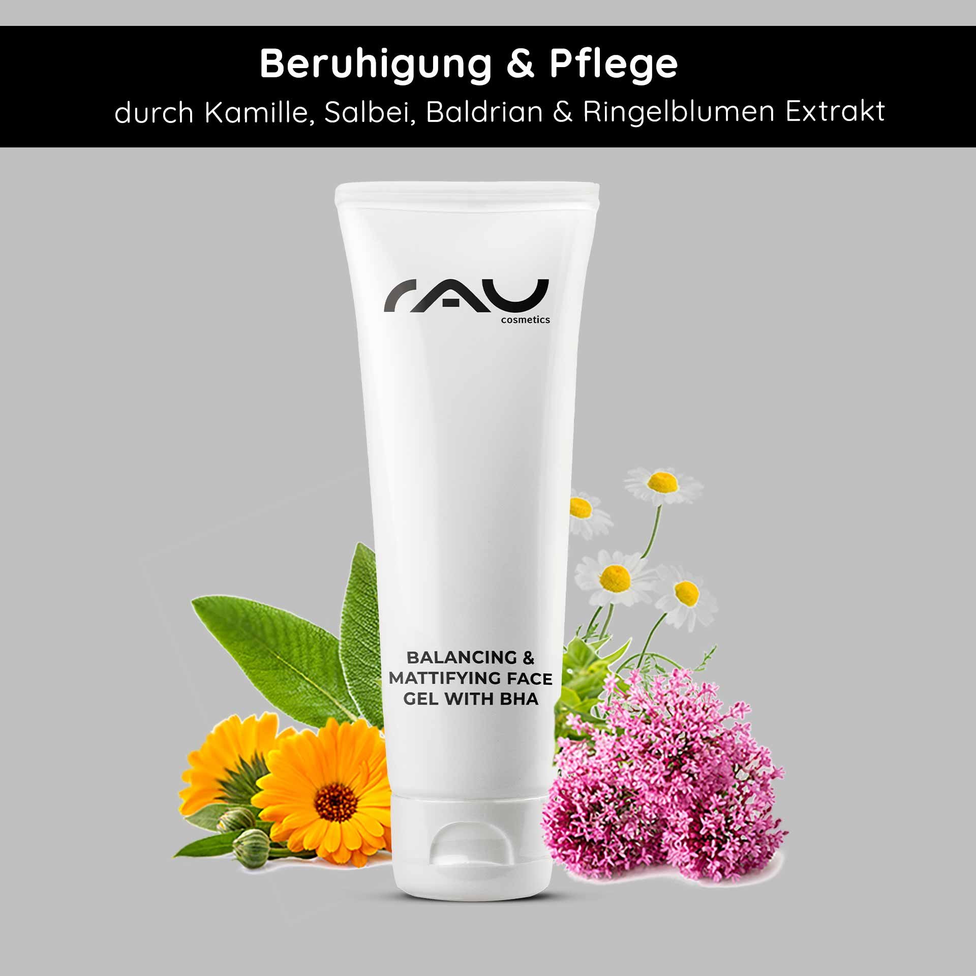 RAU Cosmetics Balancing & Mattifying Face Gel con BHA, circondato da camomilla, salvia e fiori di calendula, sottolinea l'azione lenitiva e nutriente per pelle grassa e impura.