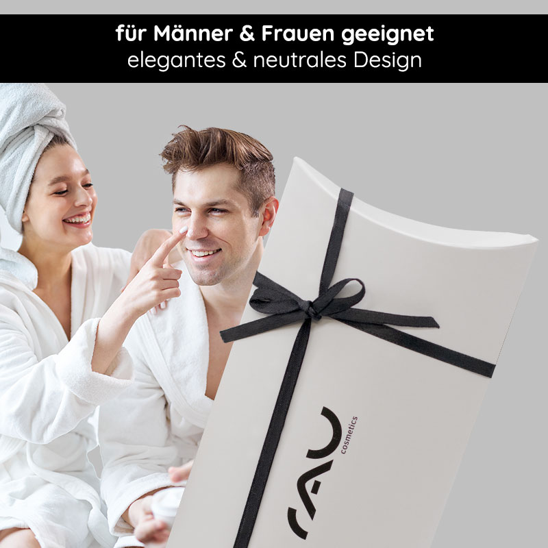 Scatola regalo "Pillow" con fiocco nero Geschenkverpackung "Kissen" von RAU Cosmetics mit schwarzer Schleife, geeignet für Männer und Frauen, elegantes und neutrales Design, verwendet in einem geselligen Umfeld.