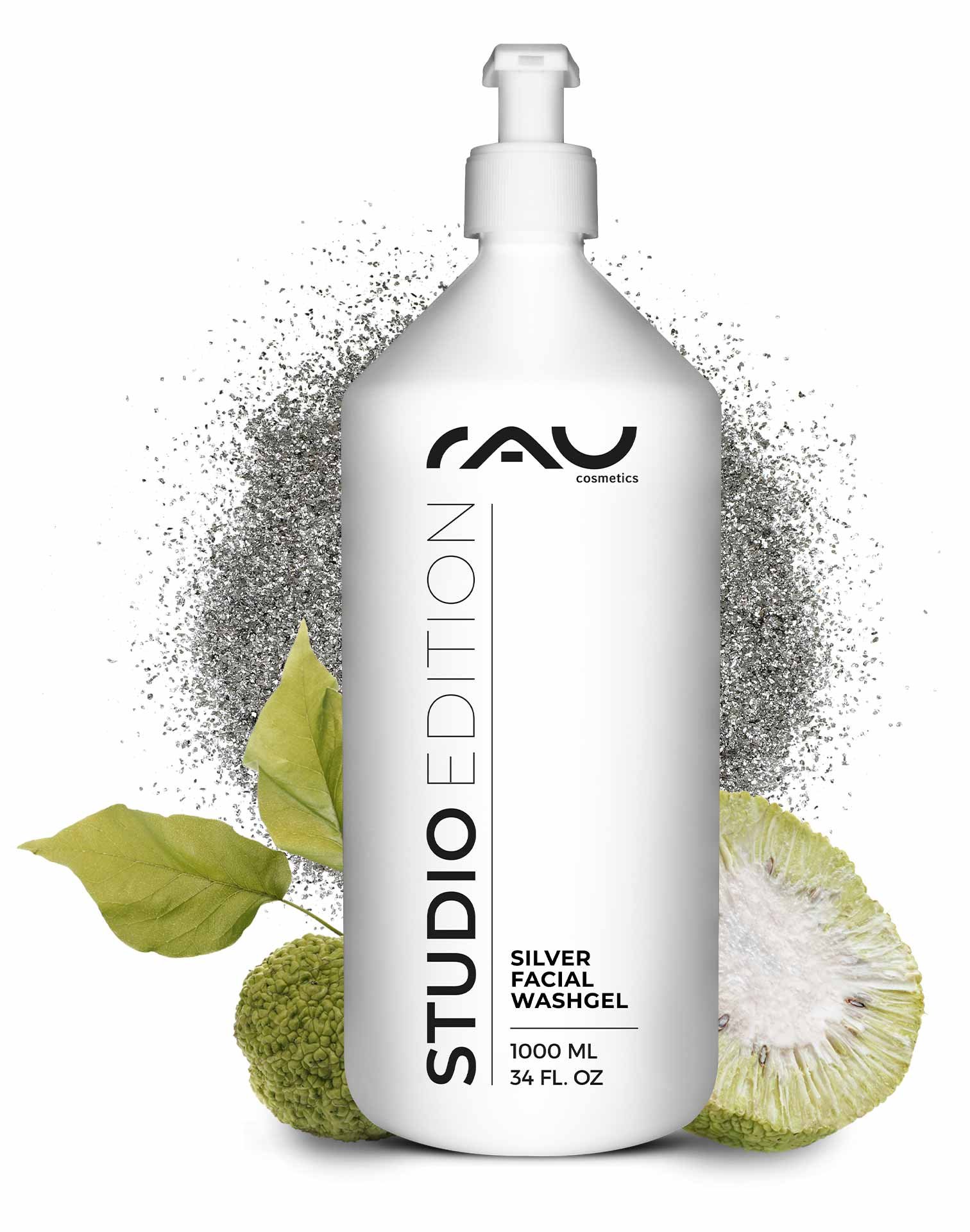 flacone RAU Silver Facial Washgel 1000 ml con Antimikrobielle Wirkung, umgeben von grünen Blättern e grafischen Elementen, per sanfte detergente e Hautpflege.