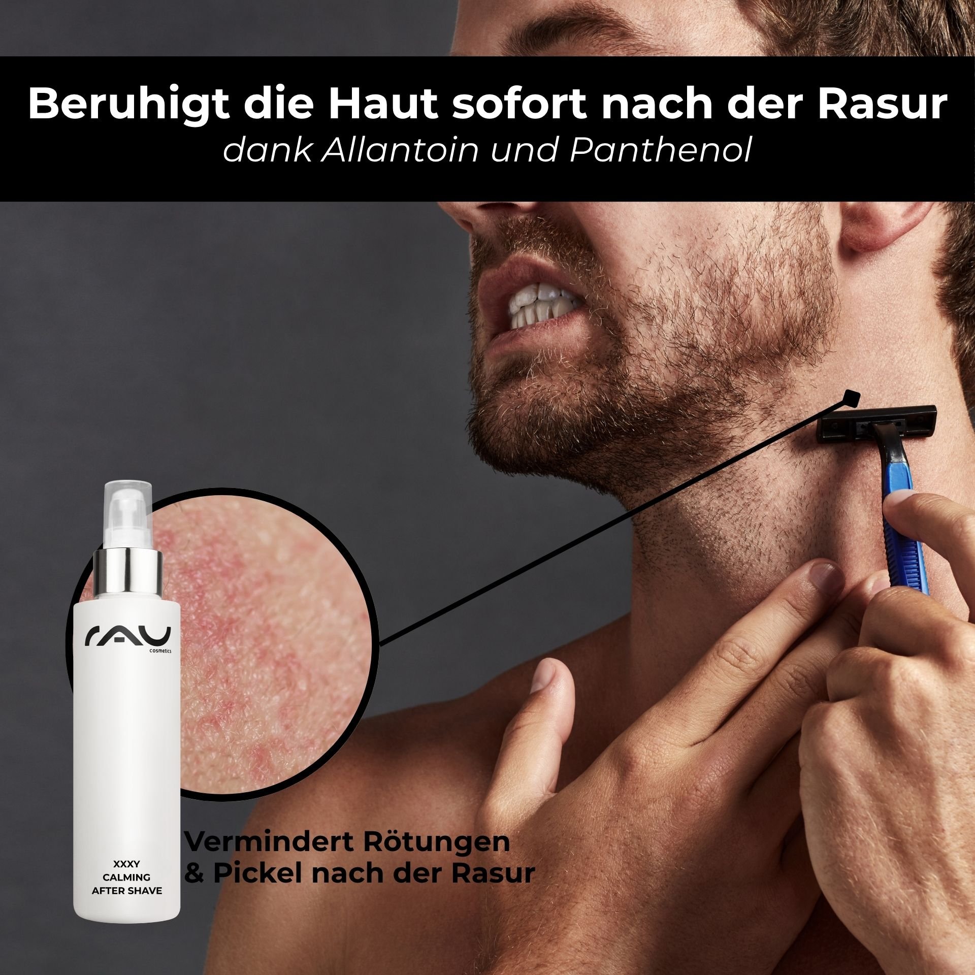 Uomo che apprezza l'effetto nutriente del dopobarba XXXY.