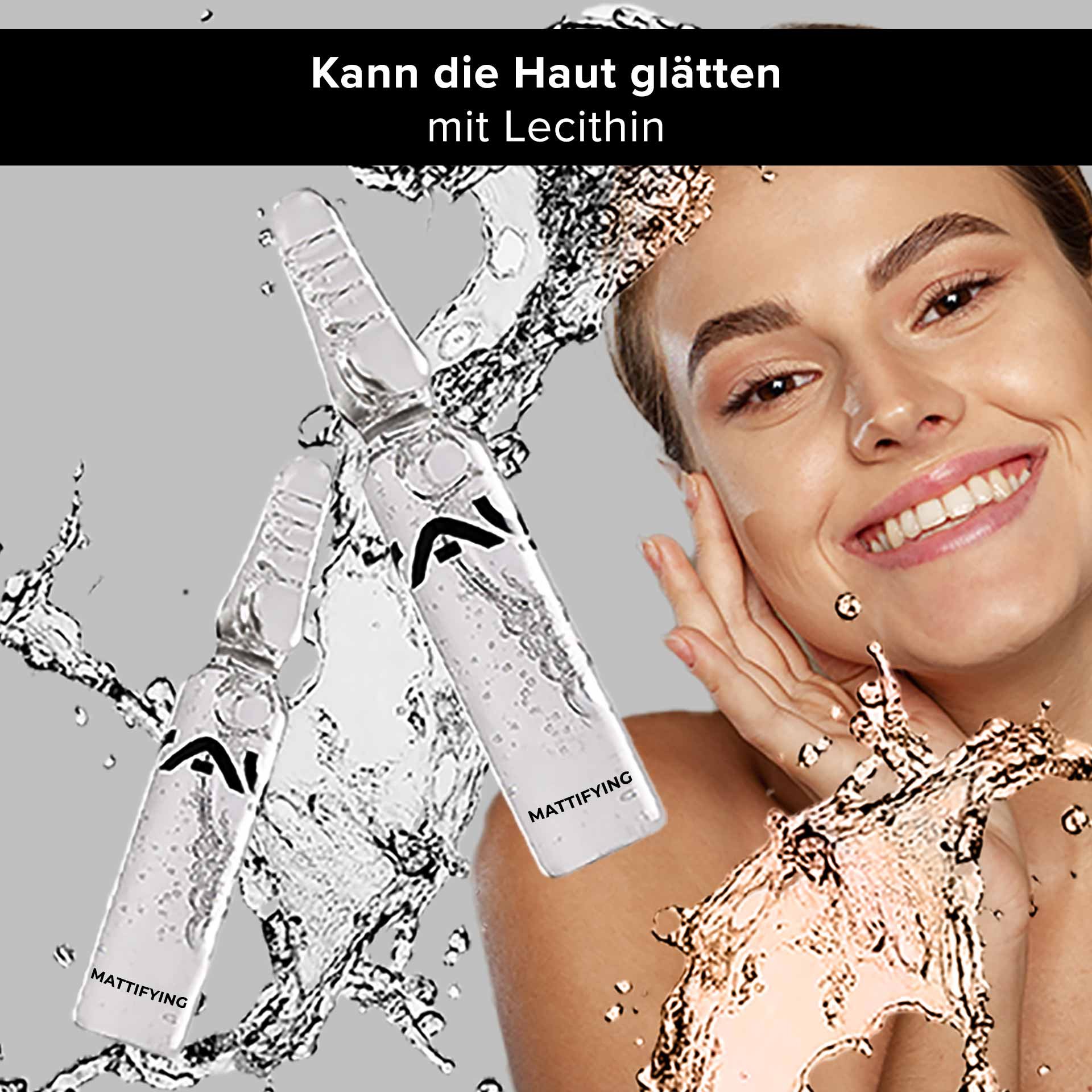 Fiale opacizzanti con il marchio RAU Cosmetics. Mostrano una donna sorridente che si applica il siero sul viso, circondata da spruzzi d'acqua, e sottolineano l'effetto levigante della lecitina.