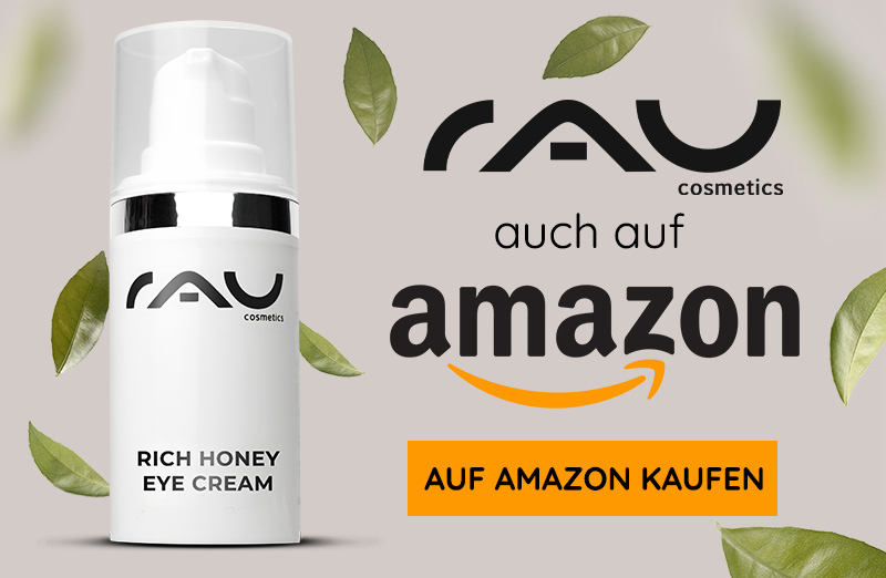 RAU Cosmetics Rich Honey Eye Cream in elegantem Behälter, mit Markenlogo und dem Text „auch auf Amazon“ für einen einfachen Kauf.
