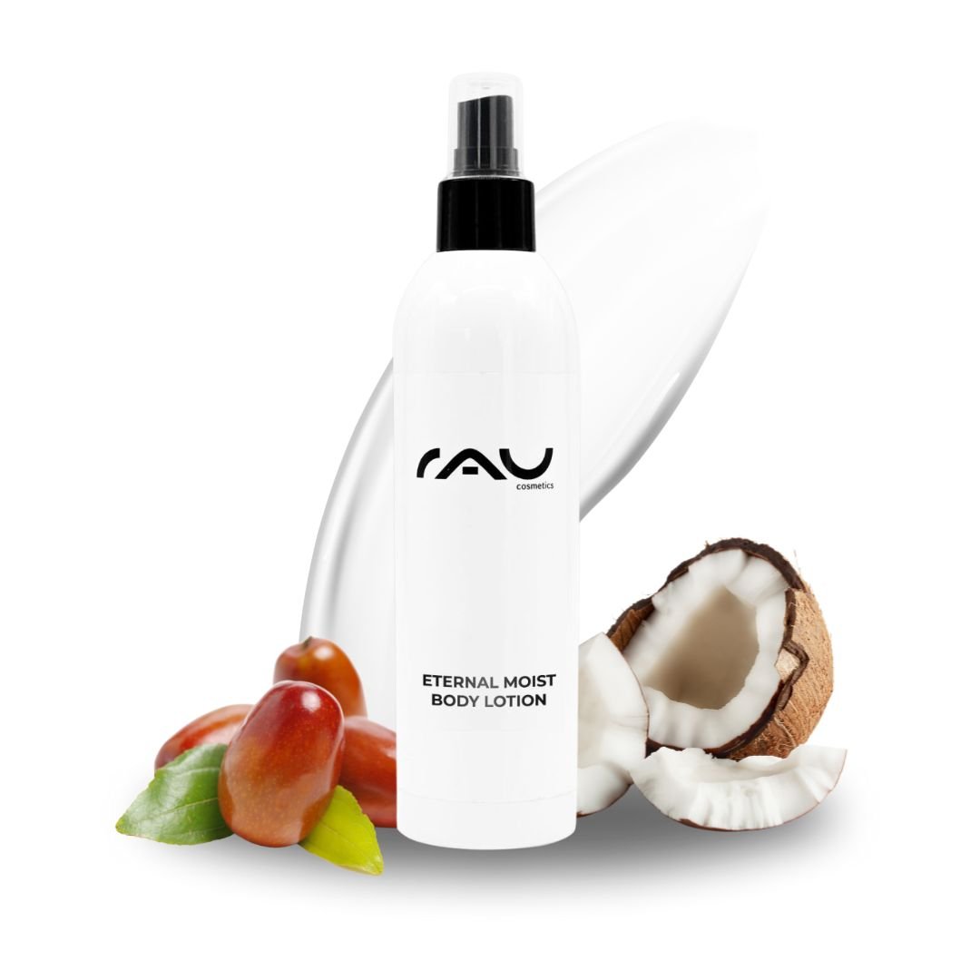 Lozione corpo RAU Eternal Moist, flacone da 250 ml con cocco e ingredienti curativi, che puntano sull'idratazione intensiva della pelle secca e una texture setosa.