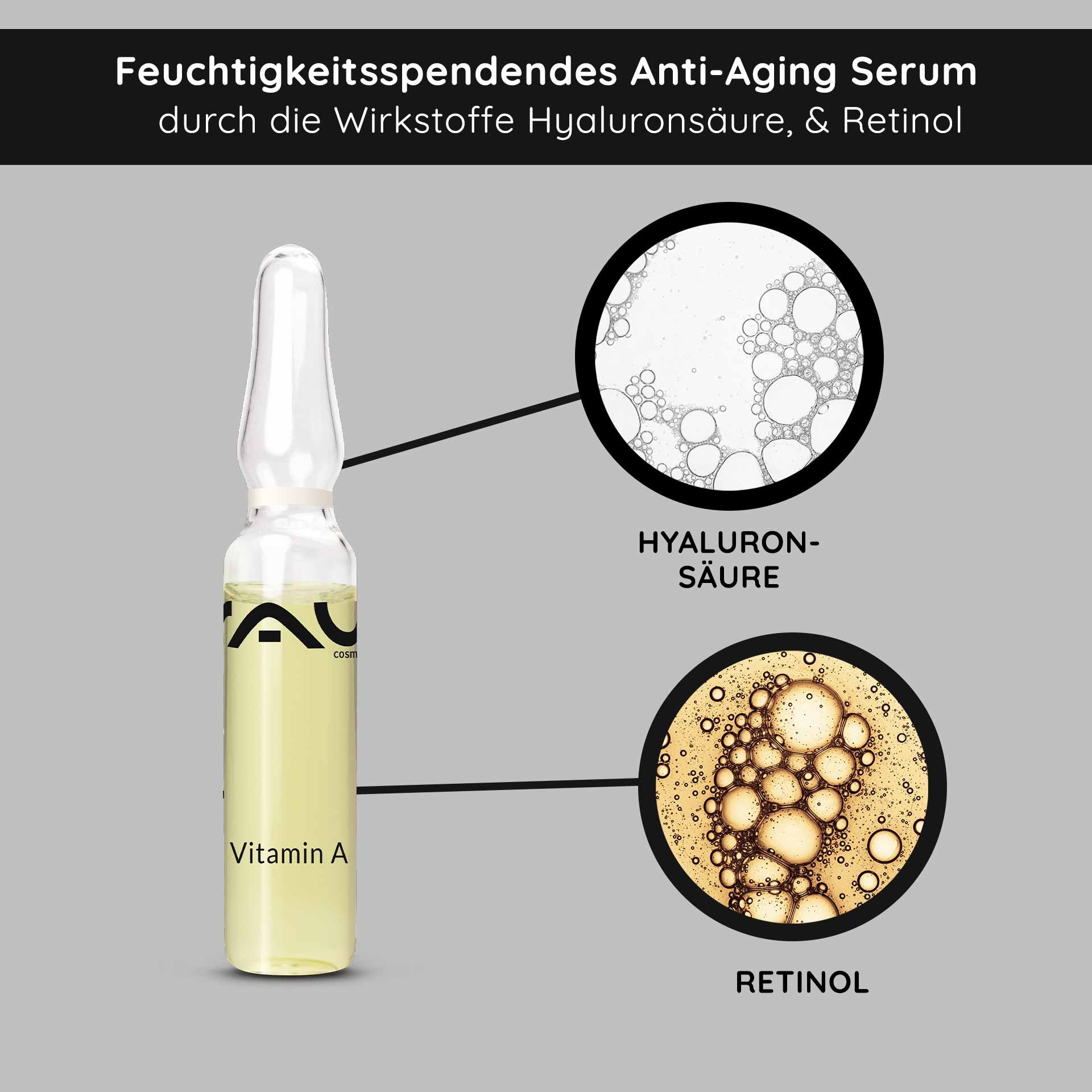 Ampolla di vitamina A di RAU Cosmetics con formulazione di siero anti-age con acido ialuronico e retinolo, con proprietà idratanti evidenziate.