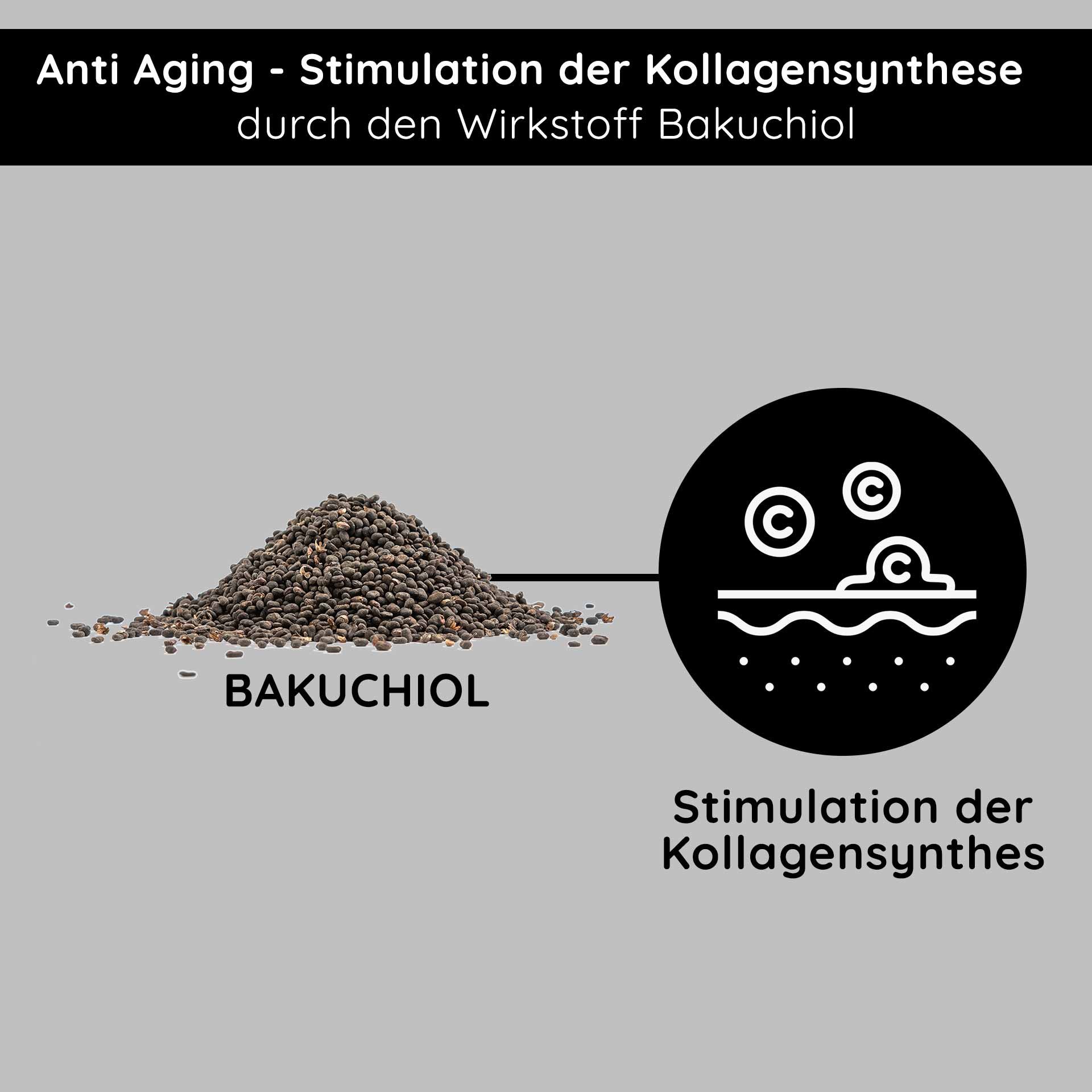 Stimolazione della sintesi del collagene: vista dettagliata della polvere di bakuchiol, sinonimo di pelle più soda e anti-age.