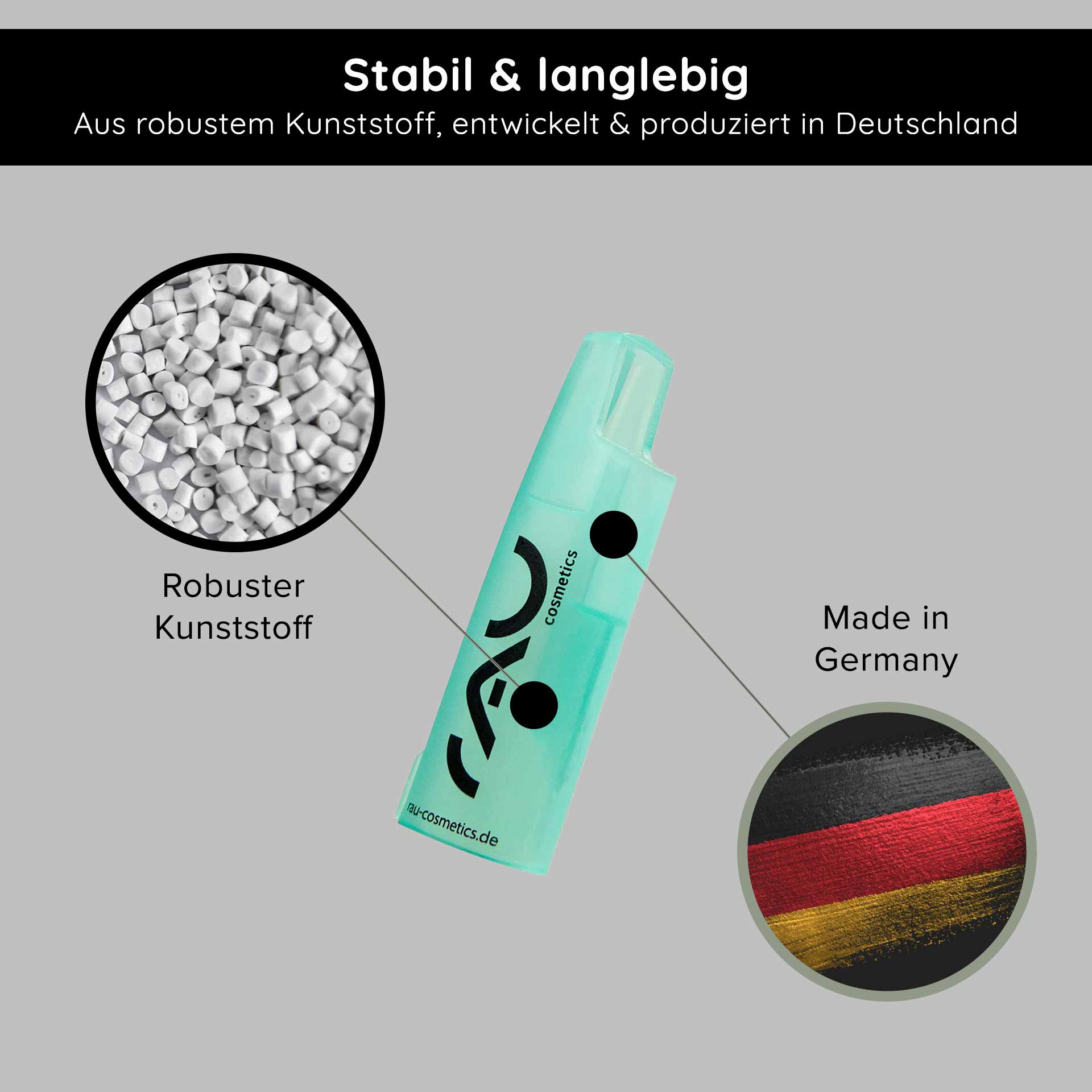 Apriscatole per fiale emetiche da 2 ml Ampullenöffner von RAU Cosmetics, hergestellt aus robustem Kunststoff, mit Text "Stabil & langlebig", und Hinweis "Made in Germany".