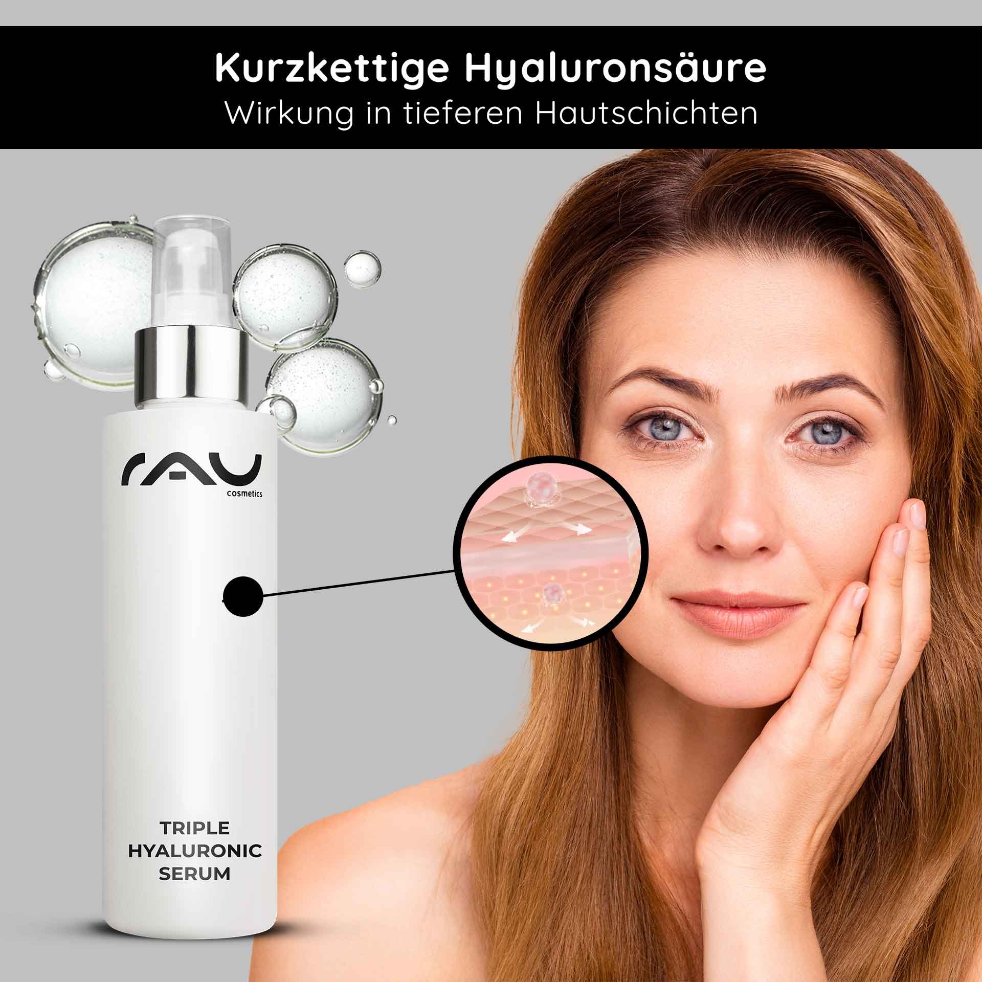 Flasche „Triple Hyaluronic Serum“ von RAU Cosmetics mit Hyaluronsäuretröpfchen, die die Feuchtigkeitsspeicherung und Anti-Aging-Wirkung hervorheben, mit einer Frau, die Serum auf ihr Gesicht aufträgt.