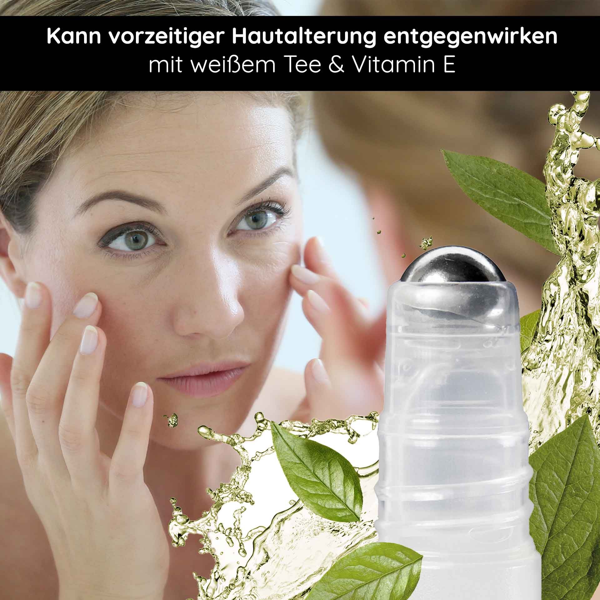 Donna con applicatore roll-on che applica il siero White Tea Express Lift sulla pelle per contrastare l'invecchiamento cutaneo precoce, circondata da foglie verdi ed elementi liquidi.