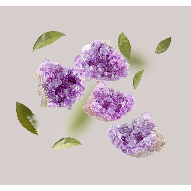 Amethyst-Pulver und grüne Blätter auf neutralem Hintergrund, symbolisierend die Inhaltsstoffe der Orient's Secret Gesichtscreme von RAU Cosmetics.