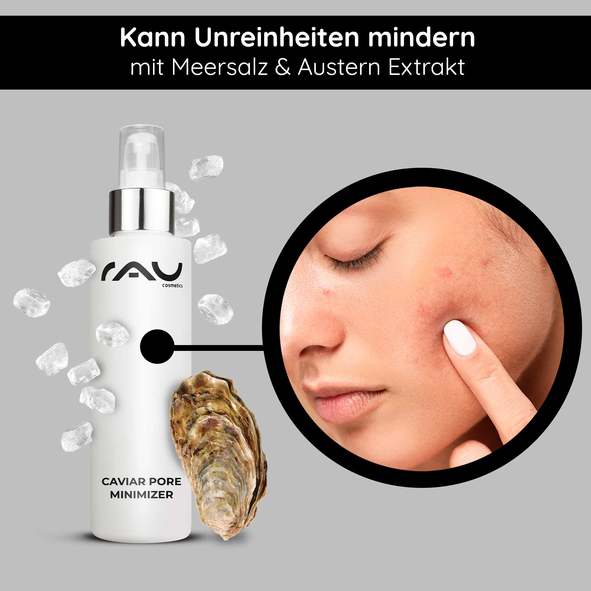 Caviar Pore Minimizer Serum 100 ml con estratto di Plancton Caviar Pore Minimizer Serum von RAU Cosmetics mit Meersalz und Austernextrakt, das Hautunreinheiten hervorhebt und die Poren verkleinert.