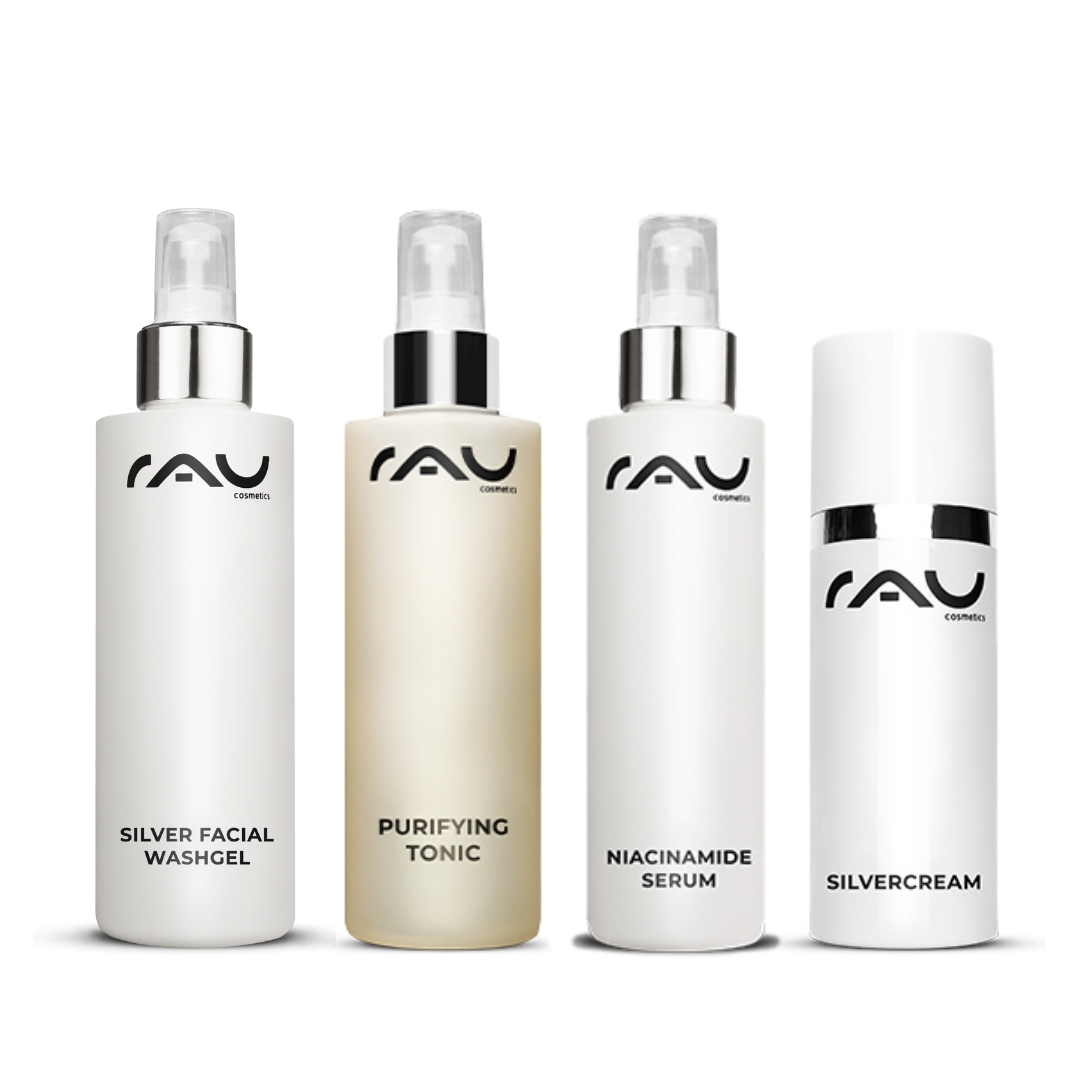 Routine di cura avanzata per la pelle grassa e impura RAU Cosmetics Hautpflegeset mit Silver Facial Washgel, Purifying Tonic, Niacinamide Serum und Silvercream, entwickelt für fettige und unreine Haut.