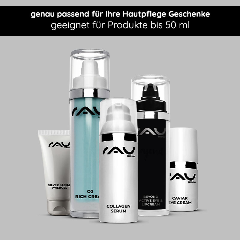 Scatola regalo "Pillow" con fiocco nero Geschenkverpackung "Kissen" mit schwarzer Schleife für Hautpflegeprodukte, geeignet für Geschenke bis 50 ml, von RAU Cosmetics.