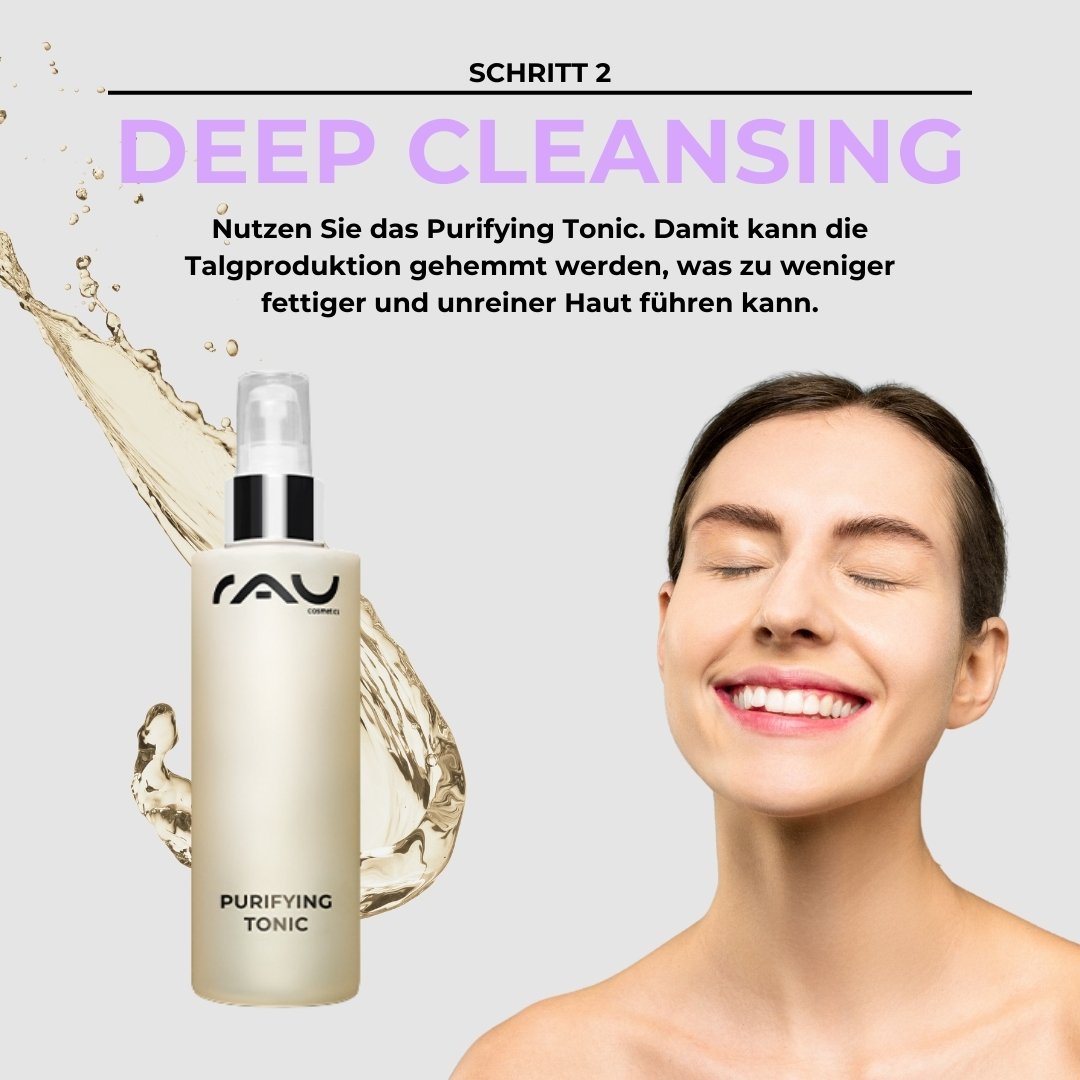 RAU Cosmetics Purifying Tonic für die Tiefenreinigung, abgebildet mit einer lächelnden Frau, die die Vorteile der Hautpflege für fettige und unreine Haut hervorhebt.