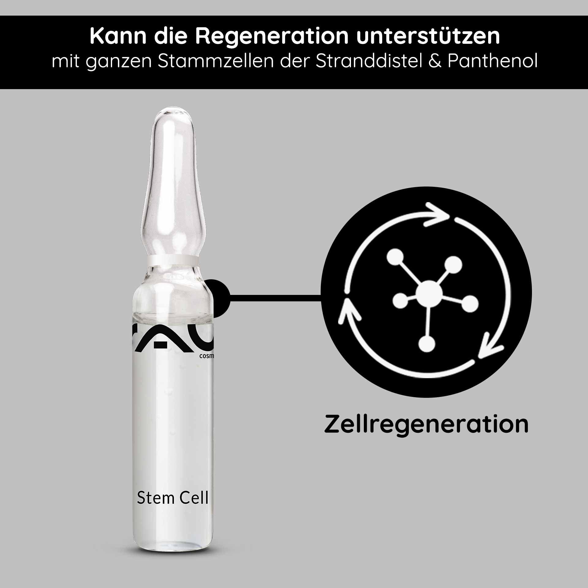 Ampolla con il siero RAU Stem Cell, trasparente, marcata «Stem Cell», supporta la rigenerazione cellulare, contiene cellule staminali intere di cardo marino e pantenolo, su sfondo grigio.
