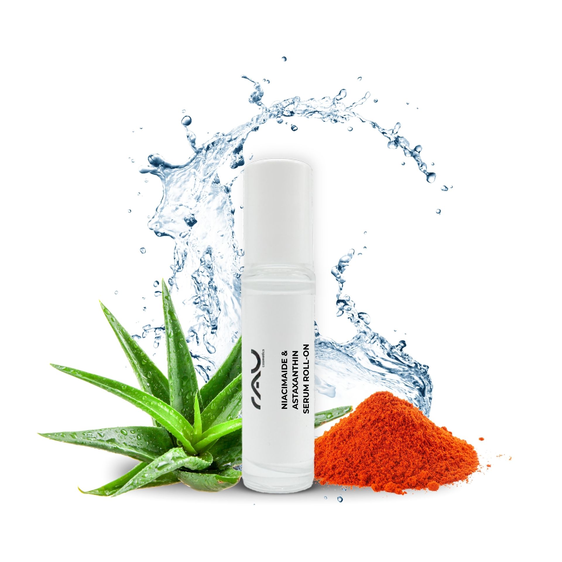 Niacinamide e Astaxantina Siero Roll-On 10 ml RAU Cosmetics Niacinamide & Astaxanthin Serum Roll-On, umgeben von Aloe-Vera-Blättern, Astaxanthin-Pulver und Wasserspritzern, betont die Vorteile der Feuchtigkeitsversorgung und Hautverjüngung.