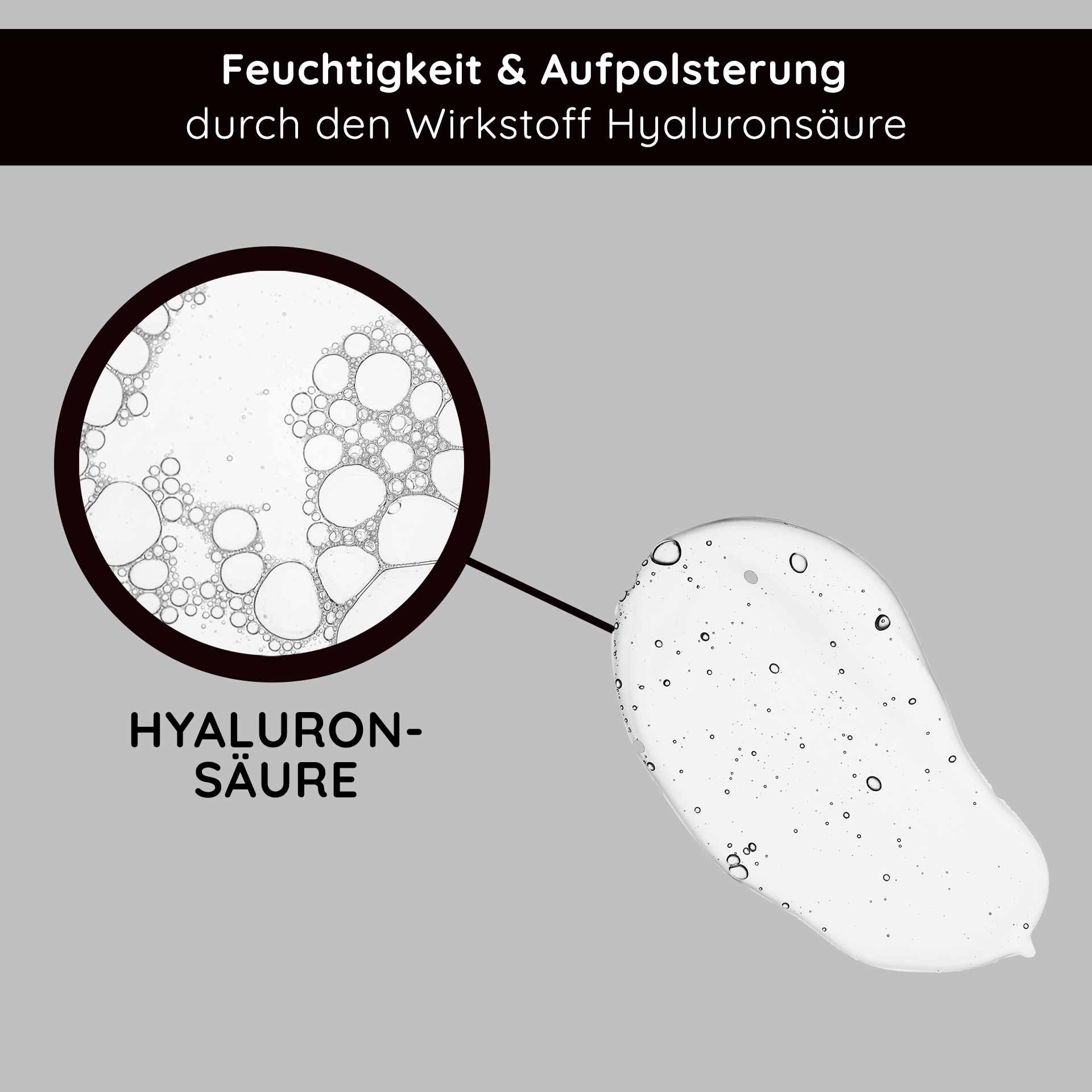 Tiefenwirksame idratazione: Illustration del Hyaluronsäure-Struktur e Gel-Consistenza im Collagen Siero.