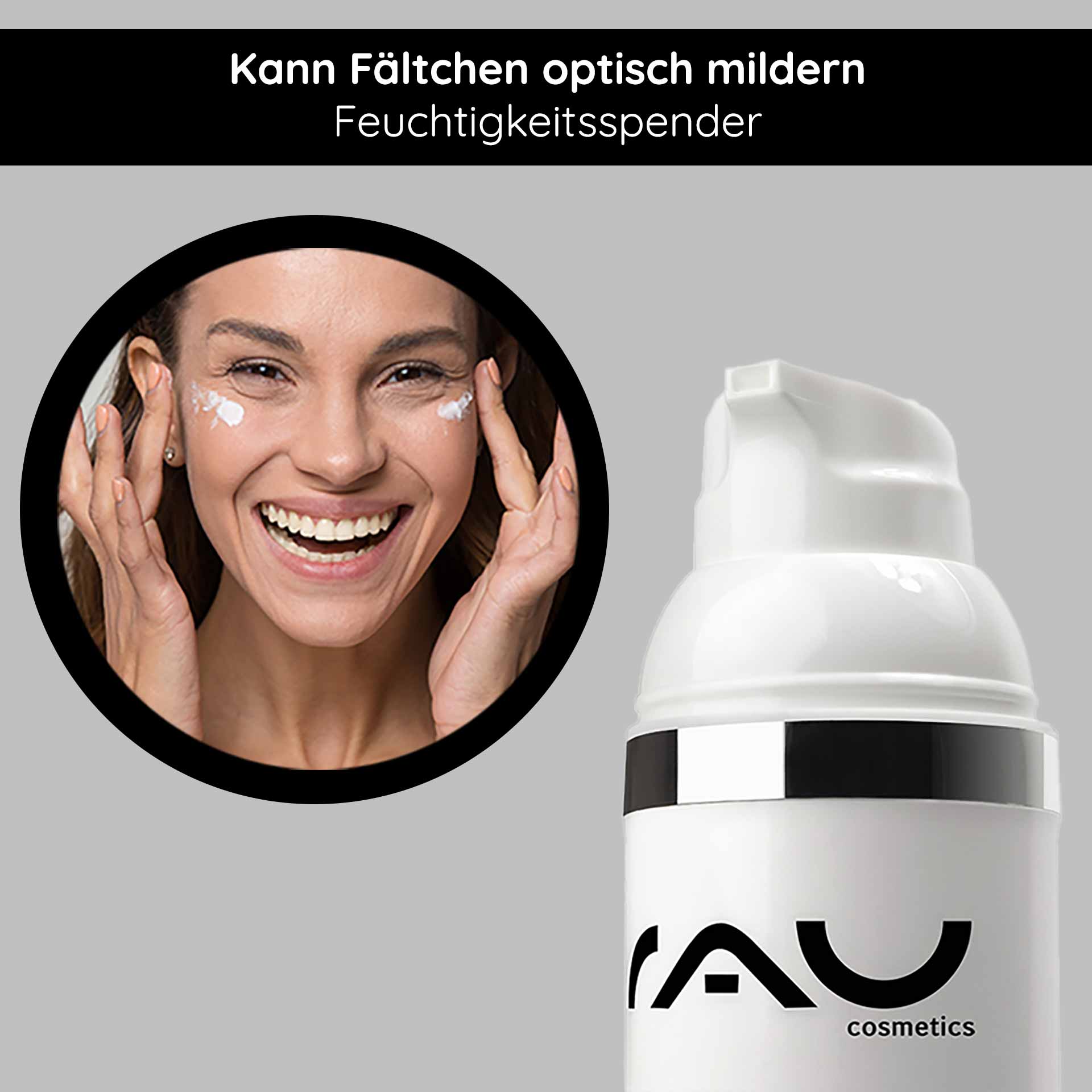 Hyaluron Cream SPF10 50 ml Crema viso con protezione UV Lächelnde Frau mit Gesichtscreme auf den Wangen, RAU Cosmetics Hyaluron Creme im Vordergrund, betont Feuchtigkeitsspendende Eigenschaften und Faltenreduzierung.